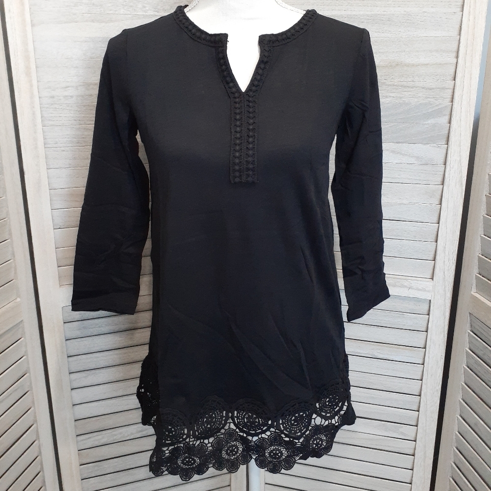 Women's 3/4 Sleeve Crochet Hem Boho All Seasons Tunic Top Size XS By Lands' End